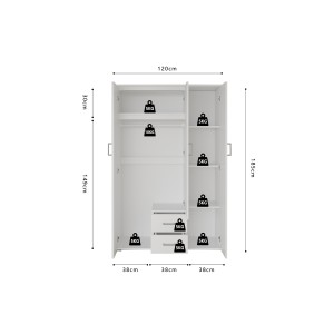 Armoire 3 portes avec miroir TOM – Dimensions H185 x L120 x P52 cm – Coloris blanc – Style design