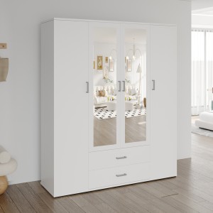 Armoire 4 portes avec 2 miroirs TOM – Dimensions H185 x L160 x P52 cm – Coloris blanc – Style design