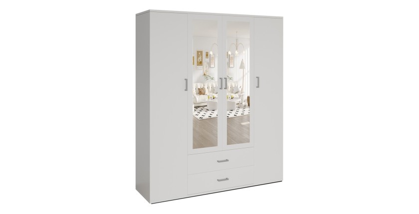 Armoire 4 portes avec 2 miroirs TOM – Dimensions H185 x L160 x P52 cm – Coloris blanc – Style design