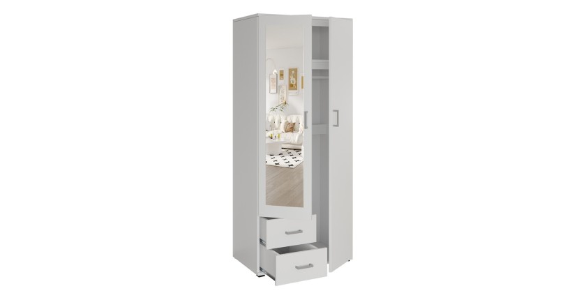 Armoire 2 portes avec miroir TOM – Dimensions H185 x L80 x P52 cm – Coloris blanc – Style design