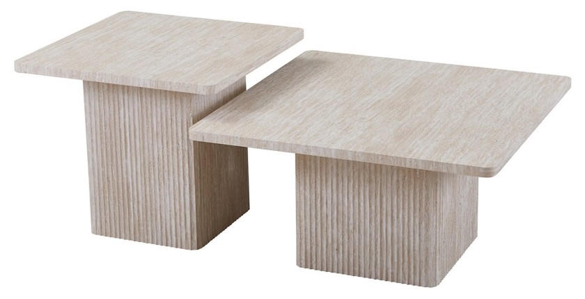 Set de 2 tables basses gigogne EDEN – Décor travertin beige – Dimensions H52-42 x L60-80 x P60-80 cm – Style moderne