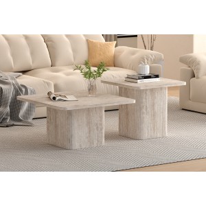 Set de 2 tables basses gigogne EDEN – Décor travertin beige – Dimensions H52-42 x L60-80 x P60-80 cm – Style moderne