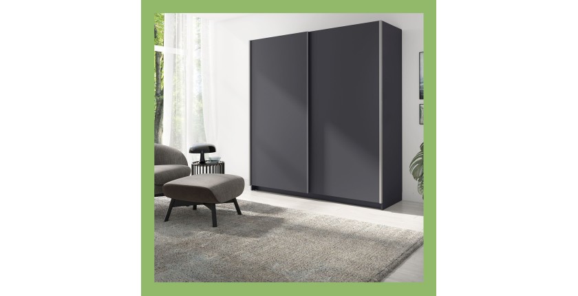 Armoire 2 portes coulissantes - Collection GOZU - Coloris gris graphite - 150 x 198 x 62 cm