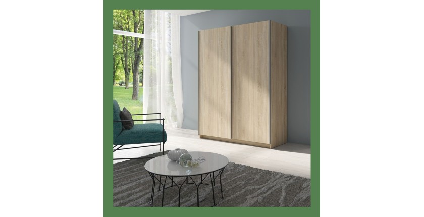 Armoire 2 portes coulissantes - Collection GOZU - Coloris chêne sonoma - 180 x 198 x 62 cm