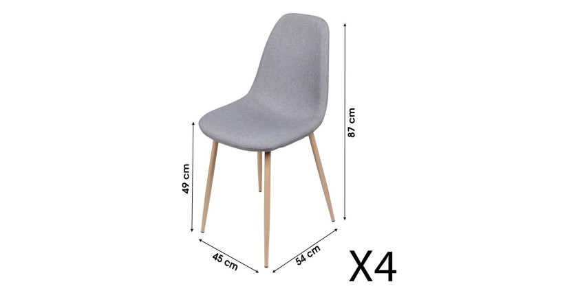 Lot de 4 chaises en tissu gris clair avec pieds en métal effet bois – 45x87x54 cm, hauteur d'assise 49 cm – Collection NORDICA