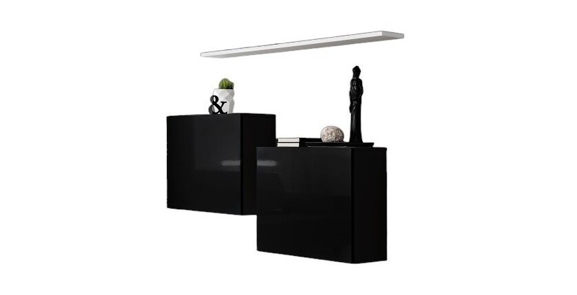 Ensemble meubles de salon SWITCH SBI design, coloris noir brillant et étagère blanche.
