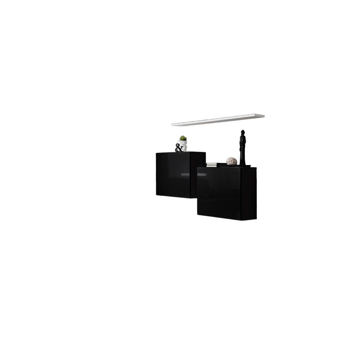 Ensemble meubles de salon SWITCH SBI design, coloris noir brillant et étagère blanche.
