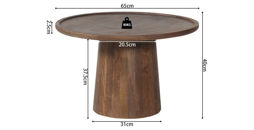 Table basse ronde en bois massif collection JAKARTA - Style ethnique et design - Diamètre 65cm