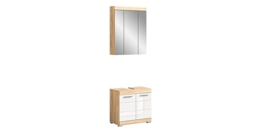 Ensemble de meubles de salle de bain RIDLEY – Meuble sous vasque et rangement miroir – Blanc et chêne clair