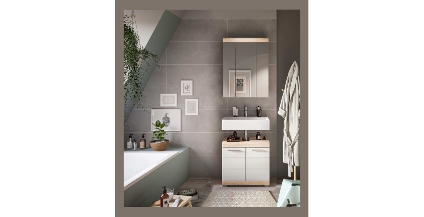 Ensemble de meubles de salle de bain RIDLEY – Meuble sous vasque et rangement miroir – Blanc et chêne clair