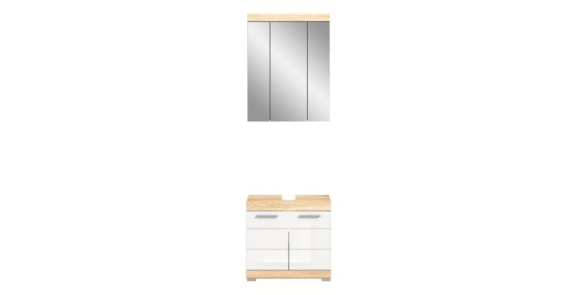 Ensemble de meubles de salle de bain RIDLEY – Meuble sous vasque et rangement miroir – Blanc et chêne clair