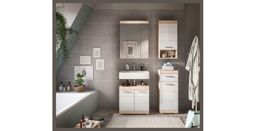 Ensemble de meubles de salle de bain RIDLEY – Meuble sous vasque, rangement miroir, 2 demi colonnes – Blanc et chêne clair