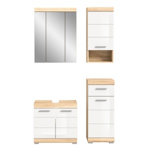 Ensemble de meubles de salle de bain RIDLEY – Meuble sous vasque, rangement miroir, 2 demi colonnes – Blanc et chêne clair