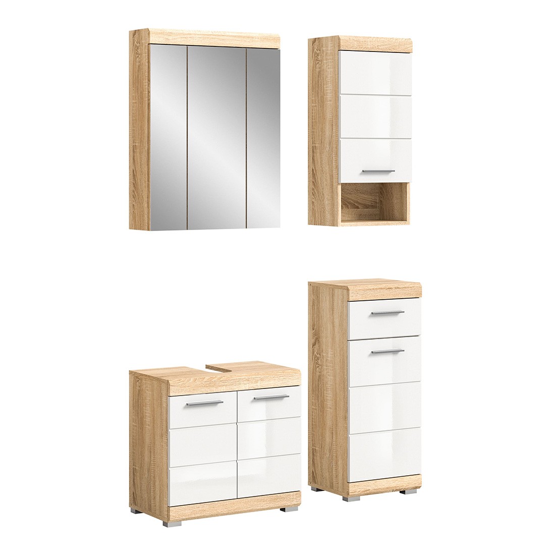 Ensemble de meubles de salle de bain RIDLEY – Meuble sous vasque, rangement miroir, 2 demi colonnes – Blanc et chêne clair