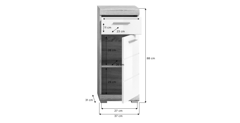 Ensemble de meubles de salle de bain RIDLEY – Meubles sous vasque, meuble avec miroir, colonne et demi-colonnes – Blanc et chêne