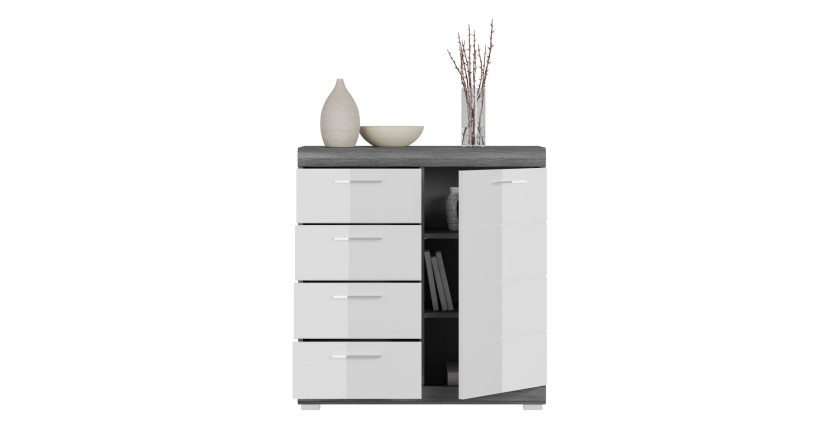 Buffet SCOTT – 4 tiroirs et 1 porte – Gris foncé et blanc – 80x85x37 cm