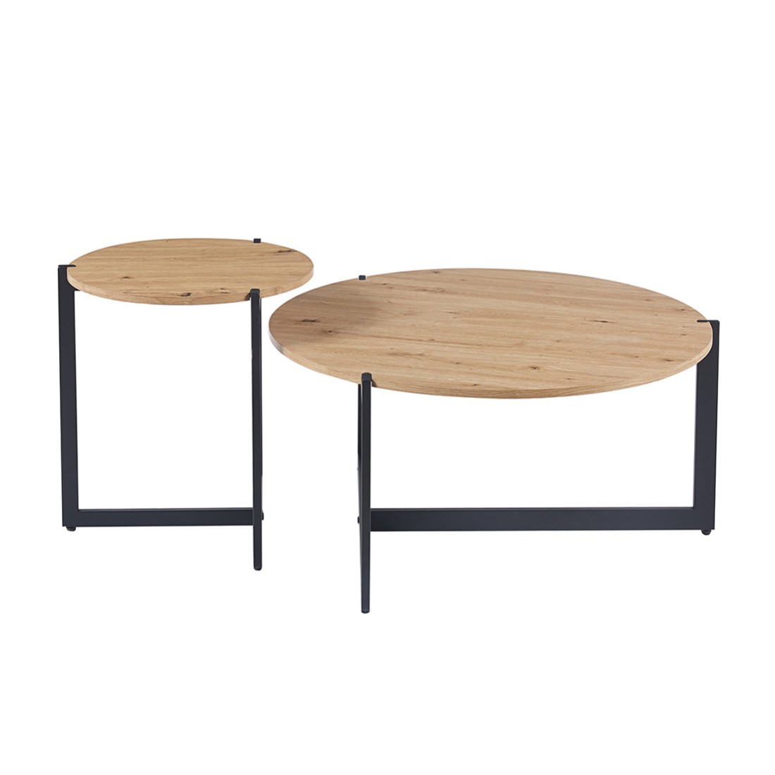 Lot de deux table basses rondes style industriel collection BIANCA - Coloris chêne clair et noir.