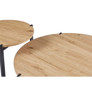 Lot de deux table basses rondes style industriel collection BIANCA - Coloris chêne clair et noir.