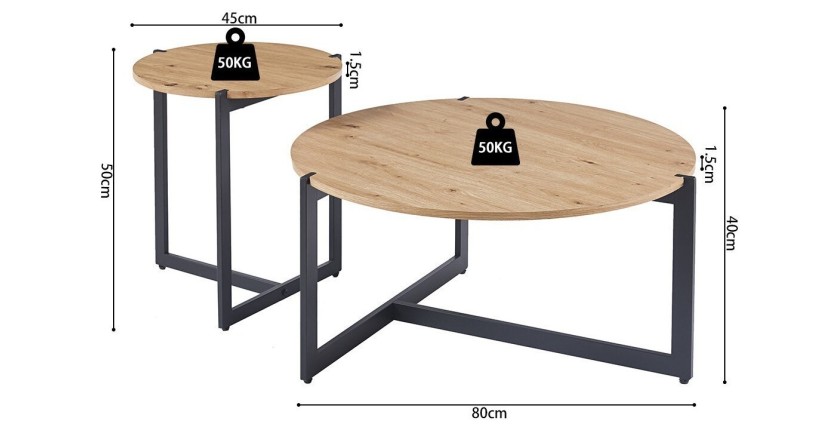 Lot de deux table basses rondes style industriel collection BIANCA - Coloris chêne clair et noir.