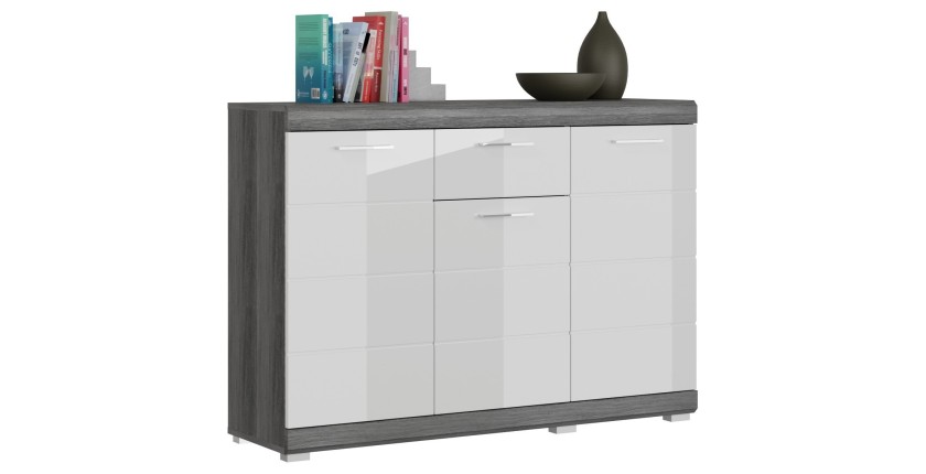 Buffet SCOTT – 3 portes et 1 tiroir – Gris foncé et blanc – 120x85x37 cm