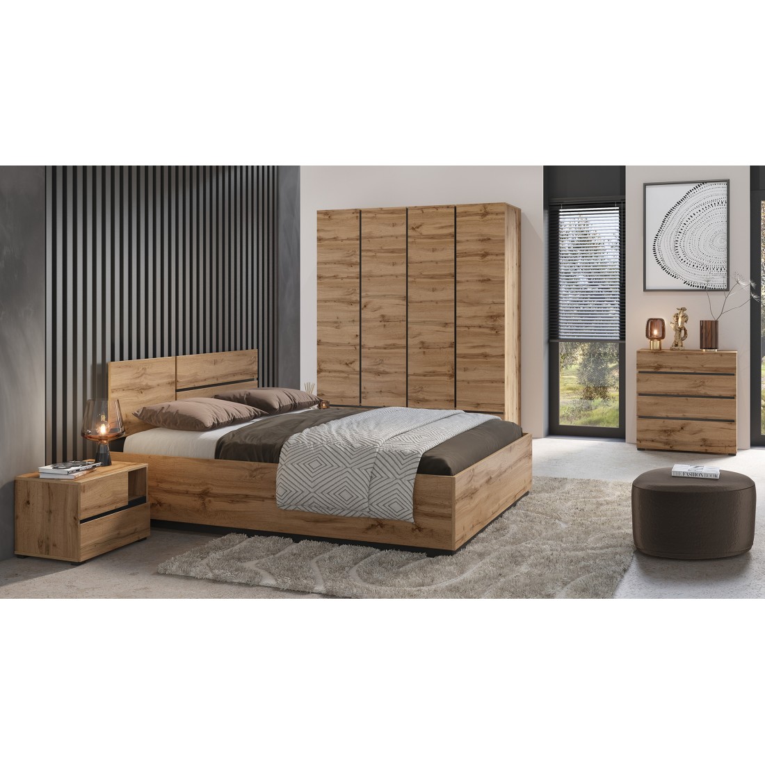 Chambre complète HAVANA chêne et noir – Lit coffre 160x200, armoire 4 portes, chevets et commode