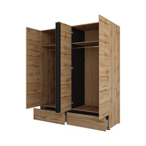 Chambre complète HAVANA chêne et noir – Lit coffre 180x200, armoire 4 portes, chevets et commode